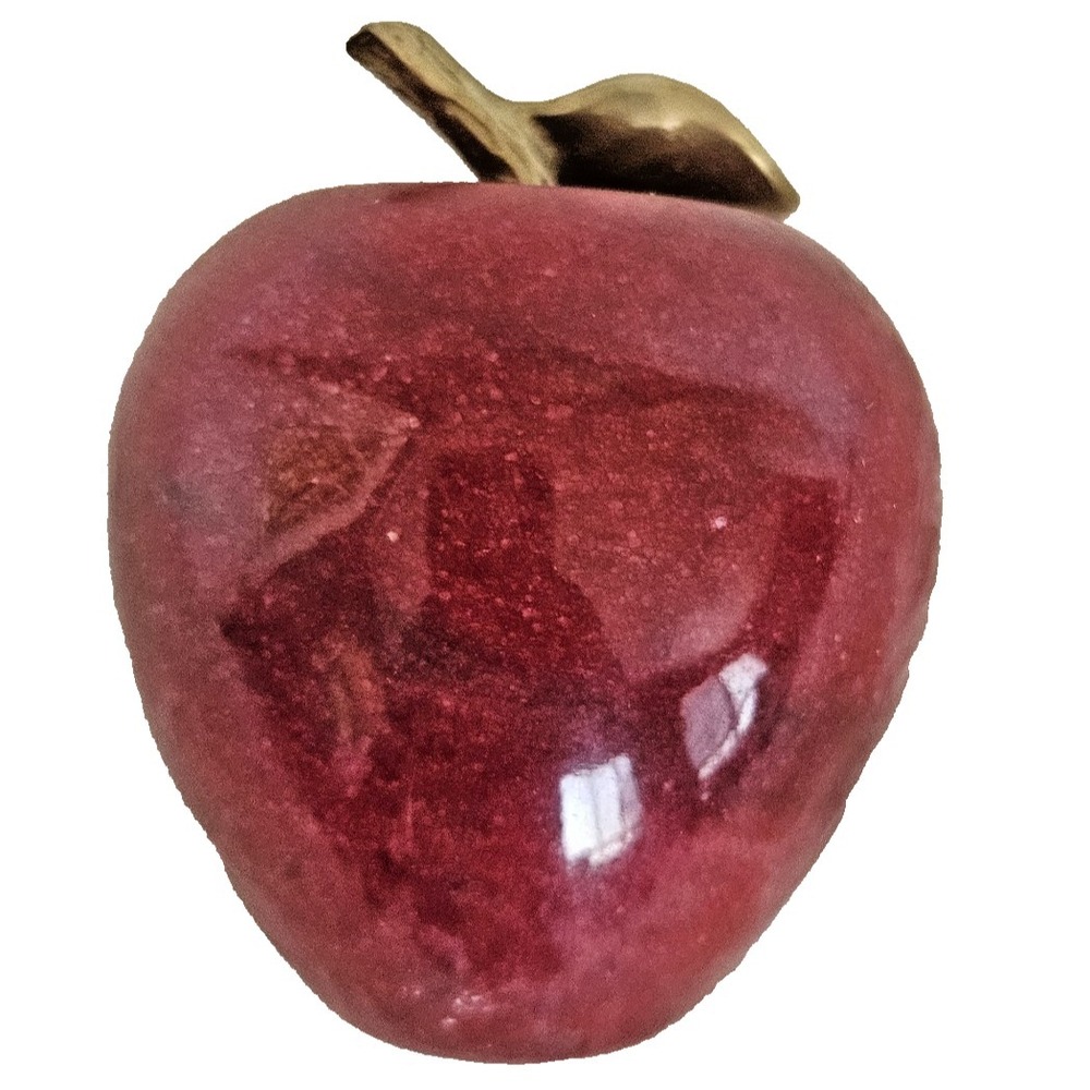 Vintage Red Polished Marble Stone Apple / Brass Leaf Paperweight Display Decor